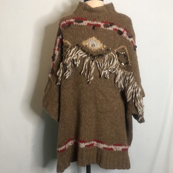Free People Brown Fringe Oversized Poncho Sweater XS - Picture 10 of 16